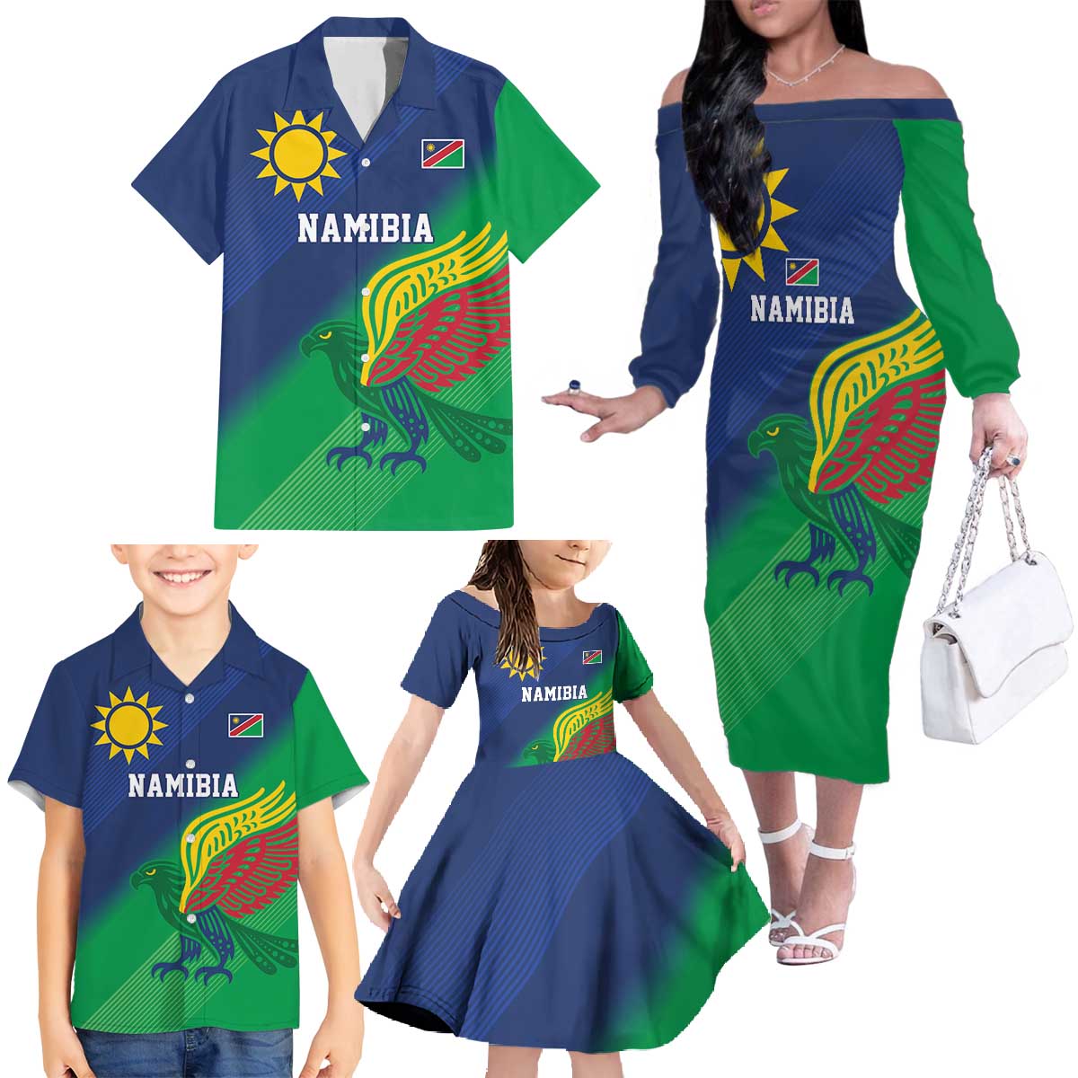 Namibia Rugby Custom Family Matching Off The Shoulder Long Sleeve Dress and Hawaiian Shirt Welwitschias African Fish Eagle - Wonder Print Shop