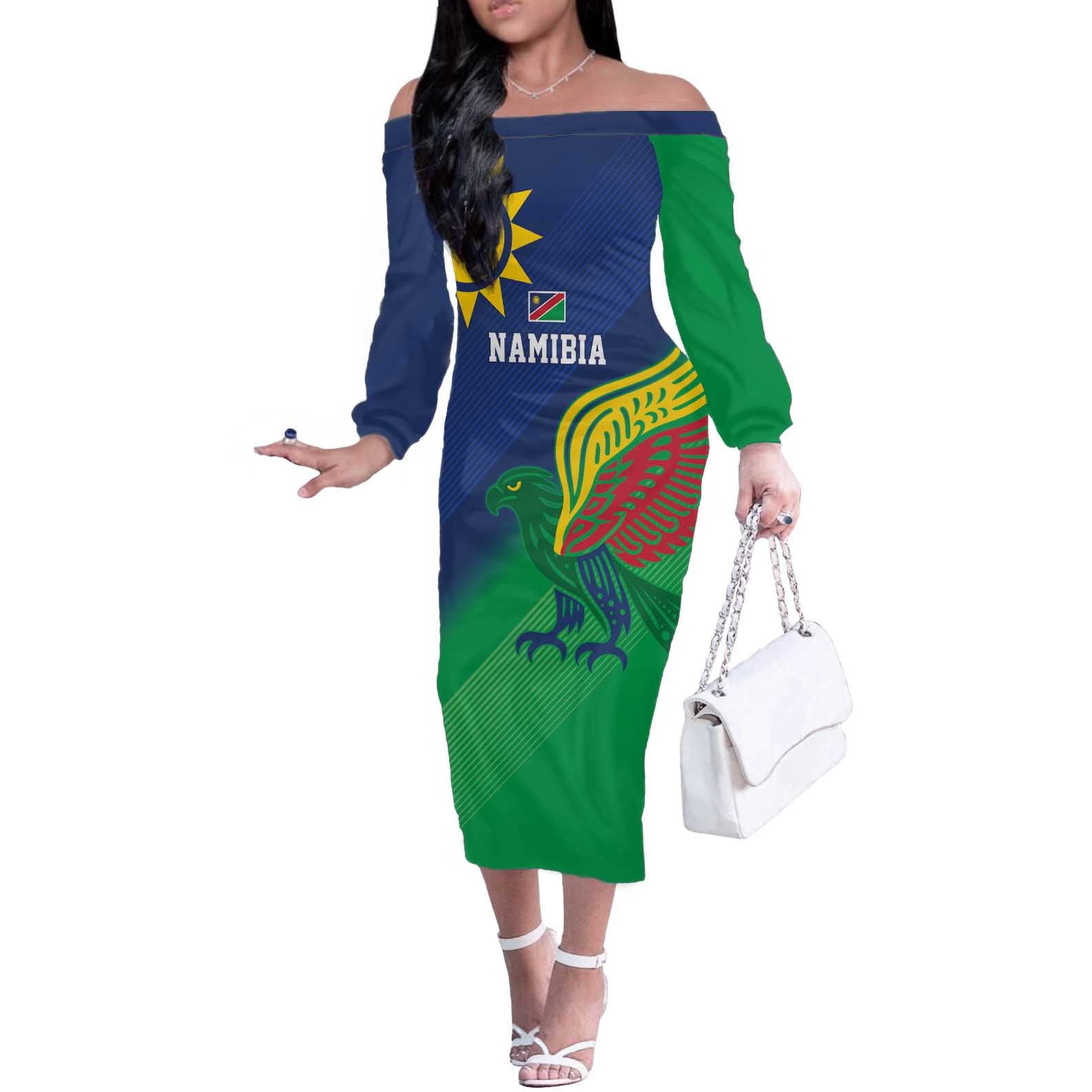 Namibia Rugby Custom Off The Shoulder Long Sleeve Dress Welwitschias African Fish Eagle - Wonder Print Shop