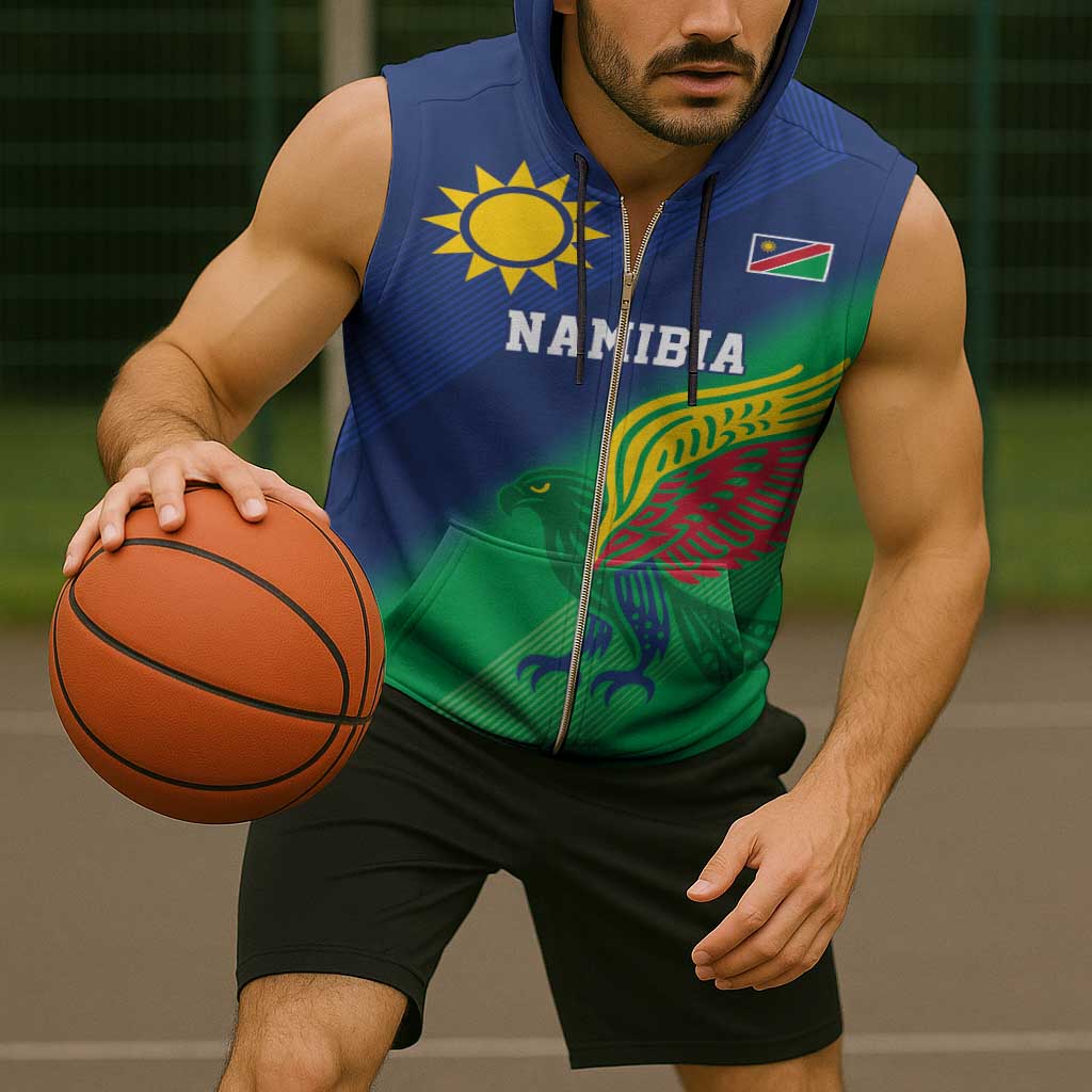 Namibia Rugby Custom Sleeveless Zip Hoodie Welwitschias African Fish Eagle - Wonder Print Shop