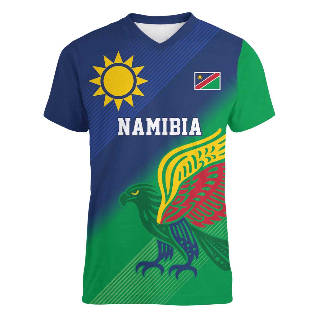 Namibia Rugby Custom Women V-Neck T-Shirt Welwitschias African Fish Eagle - Wonder Print Shop