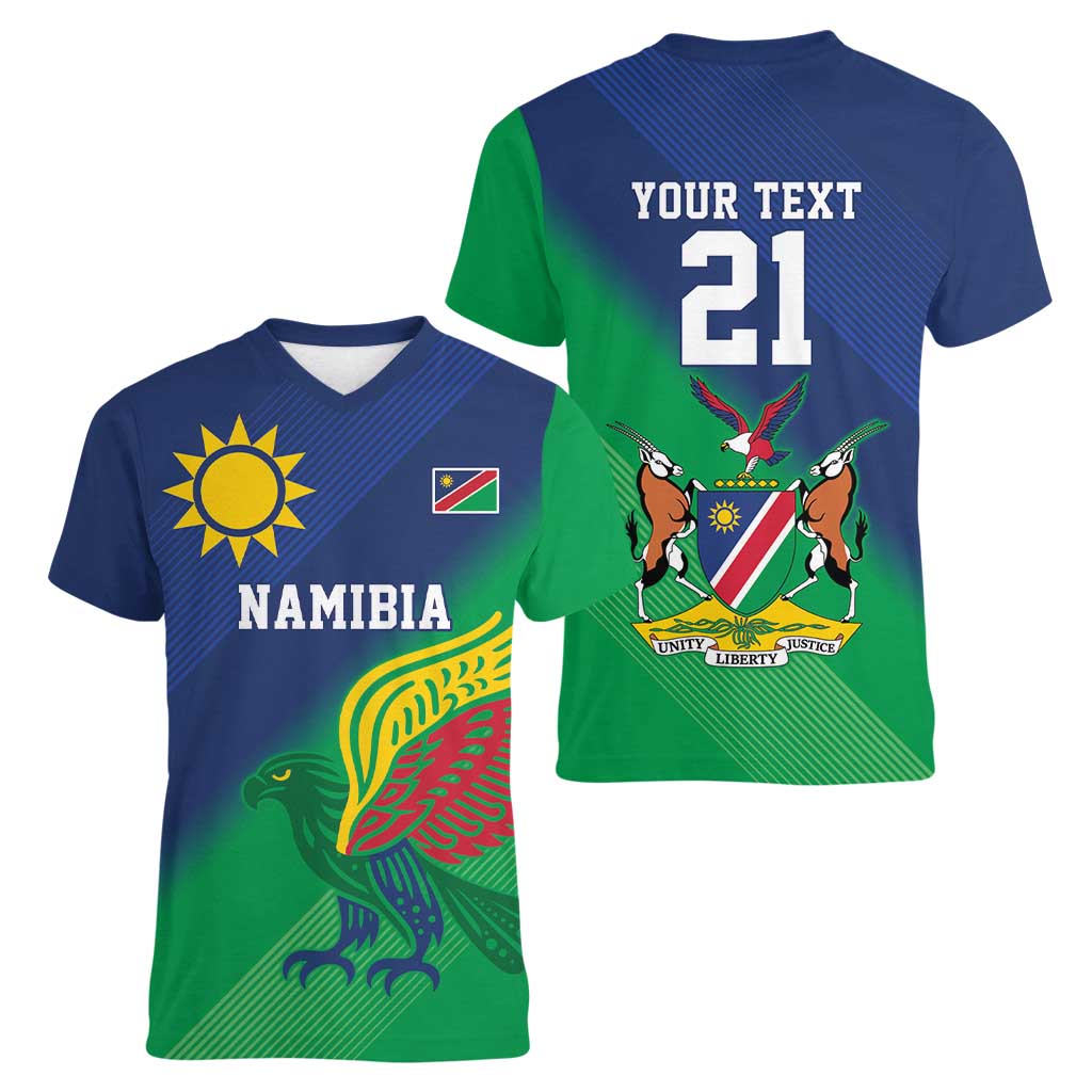 Namibia Rugby Custom Women V-Neck T-Shirt Welwitschias African Fish Eagle - Wonder Print Shop