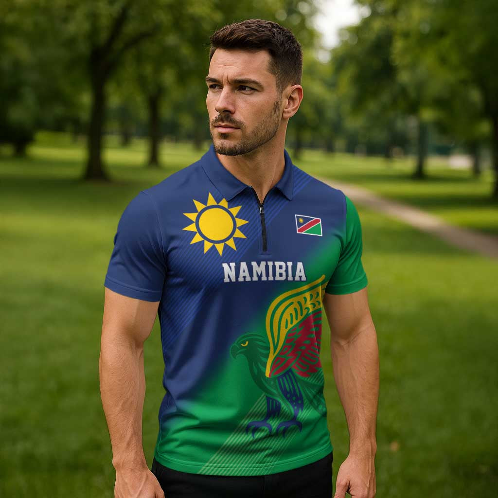 Namibia Rugby Custom Zipper Polo Shirt Welwitschias African Fish Eagle - Wonder Print Shop