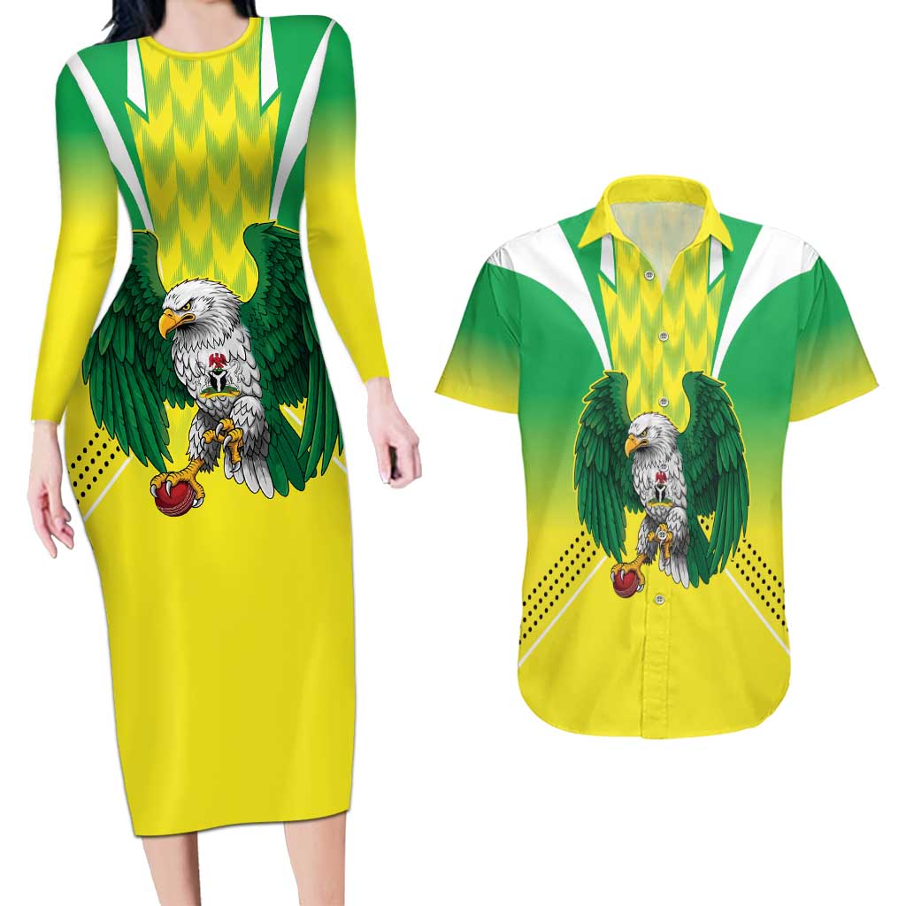 Nigeria Cricket Custom Couples Matching Long Sleeve Bodycon Dress and Hawaiian Shirt Najeriya Yellow Greens Eagle - Wonder Print Shop