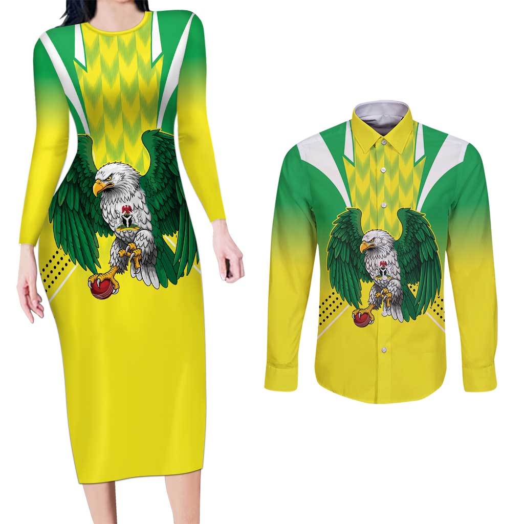 Nigeria Cricket Custom Couples Matching Long Sleeve Bodycon Dress and Long Sleeve Button Shirt Najeriya Yellow Greens Eagle - Wonder Print Shop
