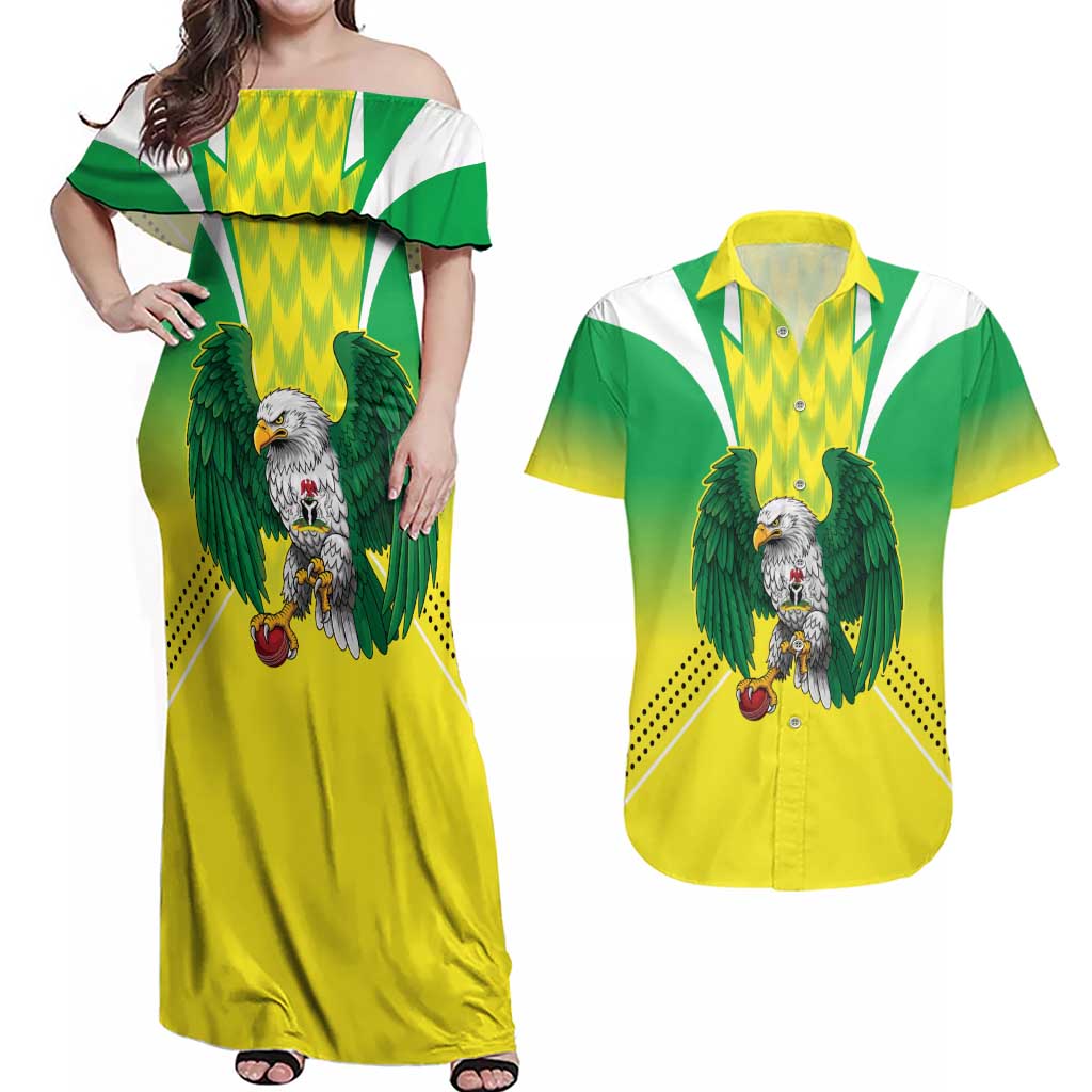 Nigeria Cricket Custom Couples Matching Off Shoulder Maxi Dress and Hawaiian Shirt Najeriya Yellow Greens Eagle - Wonder Print Shop