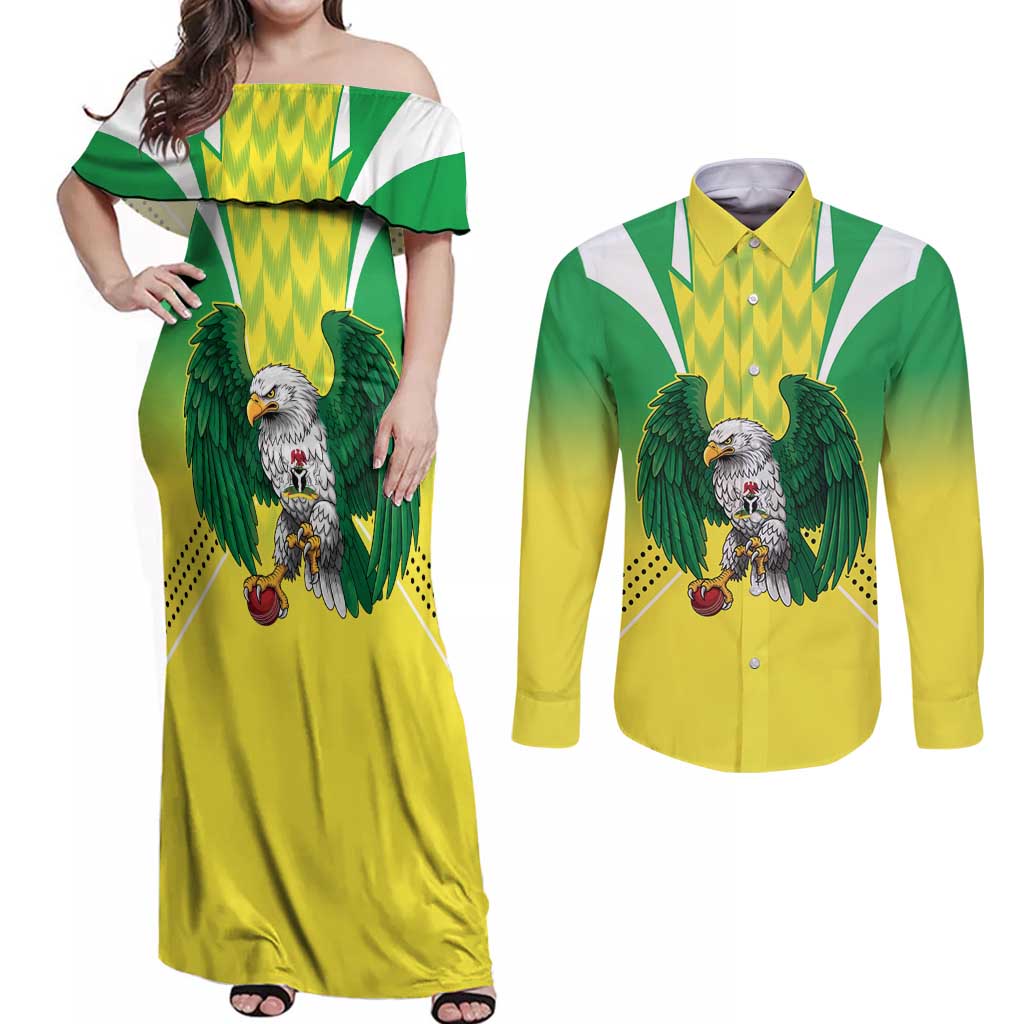Nigeria Cricket Custom Couples Matching Off Shoulder Maxi Dress and Long Sleeve Button Shirt Najeriya Yellow Greens Eagle - Wonder Print Shop