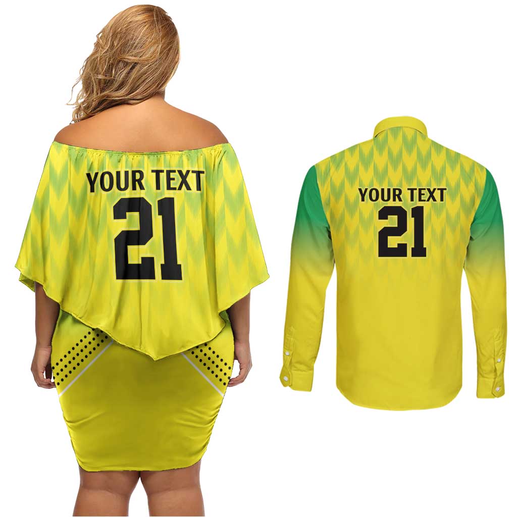 Nigeria Cricket Custom Couples Matching Off Shoulder Short Dress and Long Sleeve Button Shirt Najeriya Yellow Greens Eagle - Wonder Print Shop