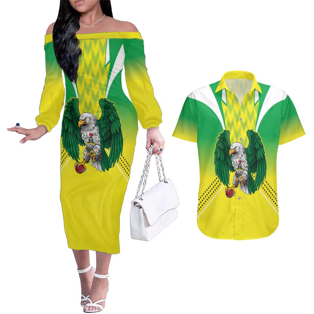 Nigeria Cricket Custom Couples Matching Off The Shoulder Long Sleeve Dress and Hawaiian Shirt Najeriya Yellow Greens Eagle - Wonder Print Shop