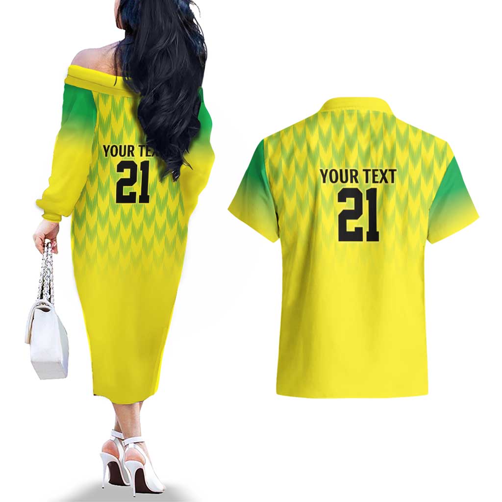 Nigeria Cricket Custom Couples Matching Off The Shoulder Long Sleeve Dress and Hawaiian Shirt Najeriya Yellow Greens Eagle - Wonder Print Shop