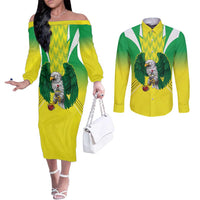 Nigeria Cricket Custom Couples Matching Off The Shoulder Long Sleeve Dress and Long Sleeve Button Shirt Najeriya Yellow Greens Eagle - Wonder Print Shop