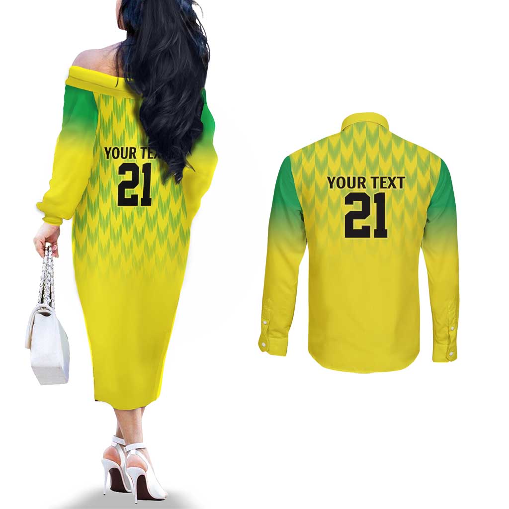 Nigeria Cricket Custom Couples Matching Off The Shoulder Long Sleeve Dress and Long Sleeve Button Shirt Najeriya Yellow Greens Eagle - Wonder Print Shop