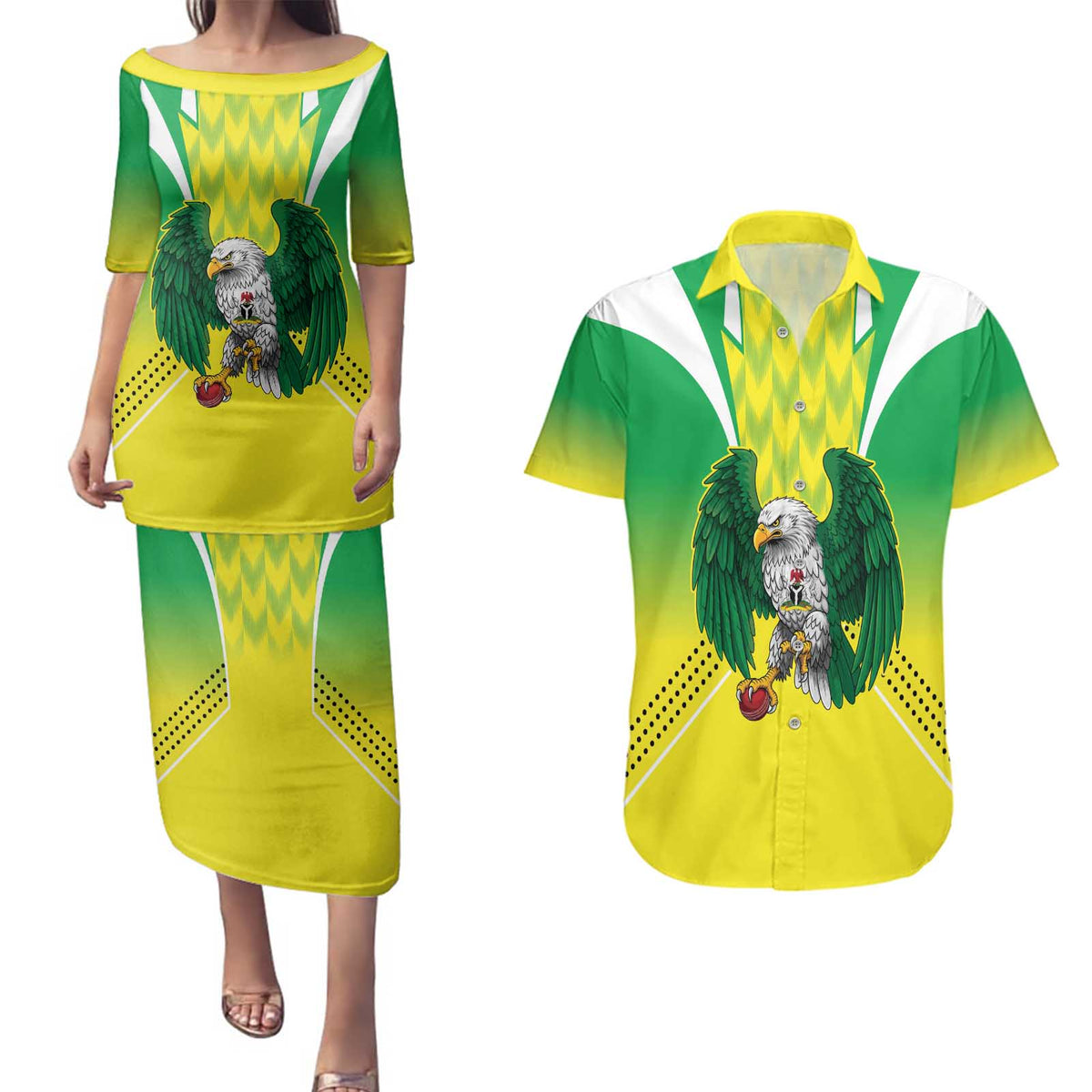Nigeria Cricket Custom Couples Matching Puletasi and Hawaiian Shirt Najeriya Yellow Greens Eagle - Wonder Print Shop