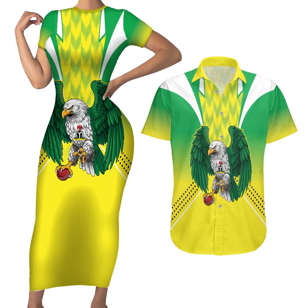 Nigeria Cricket Custom Couples Matching Short Sleeve Bodycon Dress and Hawaiian Shirt Najeriya Yellow Greens Eagle - Wonder Print Shop