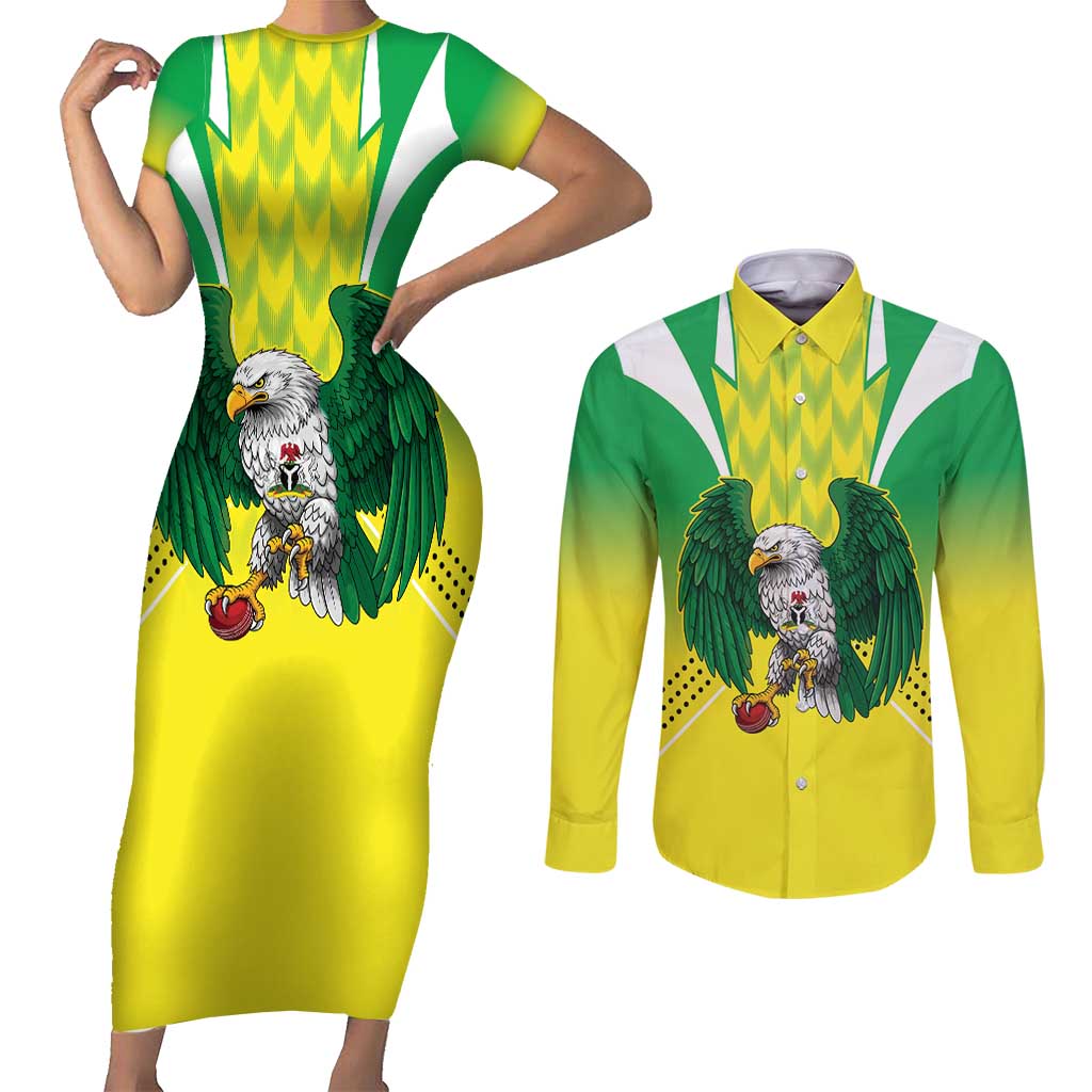 Nigeria Cricket Custom Couples Matching Short Sleeve Bodycon Dress and Long Sleeve Button Shirt Najeriya Yellow Greens Eagle - Wonder Print Shop
