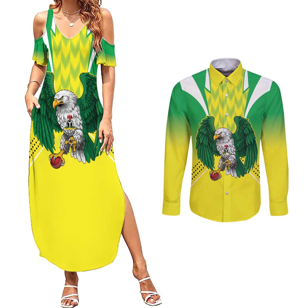 Nigeria Cricket Custom Couples Matching Summer Maxi Dress and Long Sleeve Button Shirt Najeriya Yellow Greens Eagle - Wonder Print Shop