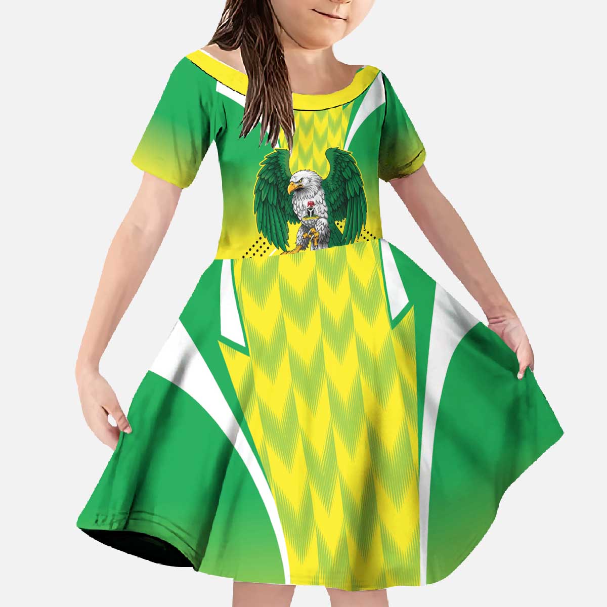 Nigeria Cricket Custom Family Matching Off The Shoulder Long Sleeve Dress and Hawaiian Shirt Najeriya Yellow Greens Eagle - Wonder Print Shop