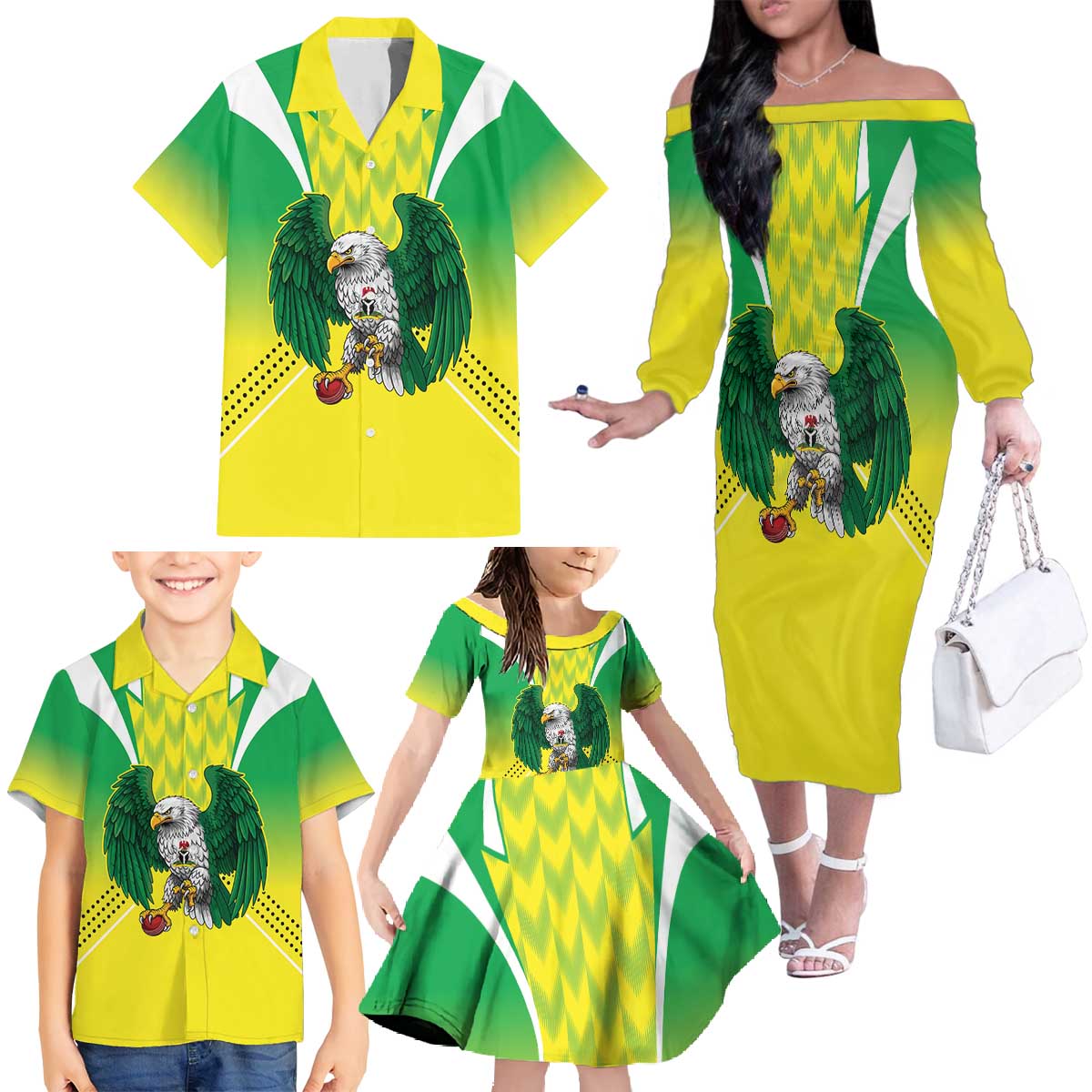 Nigeria Cricket Custom Family Matching Off The Shoulder Long Sleeve Dress and Hawaiian Shirt Najeriya Yellow Greens Eagle - Wonder Print Shop