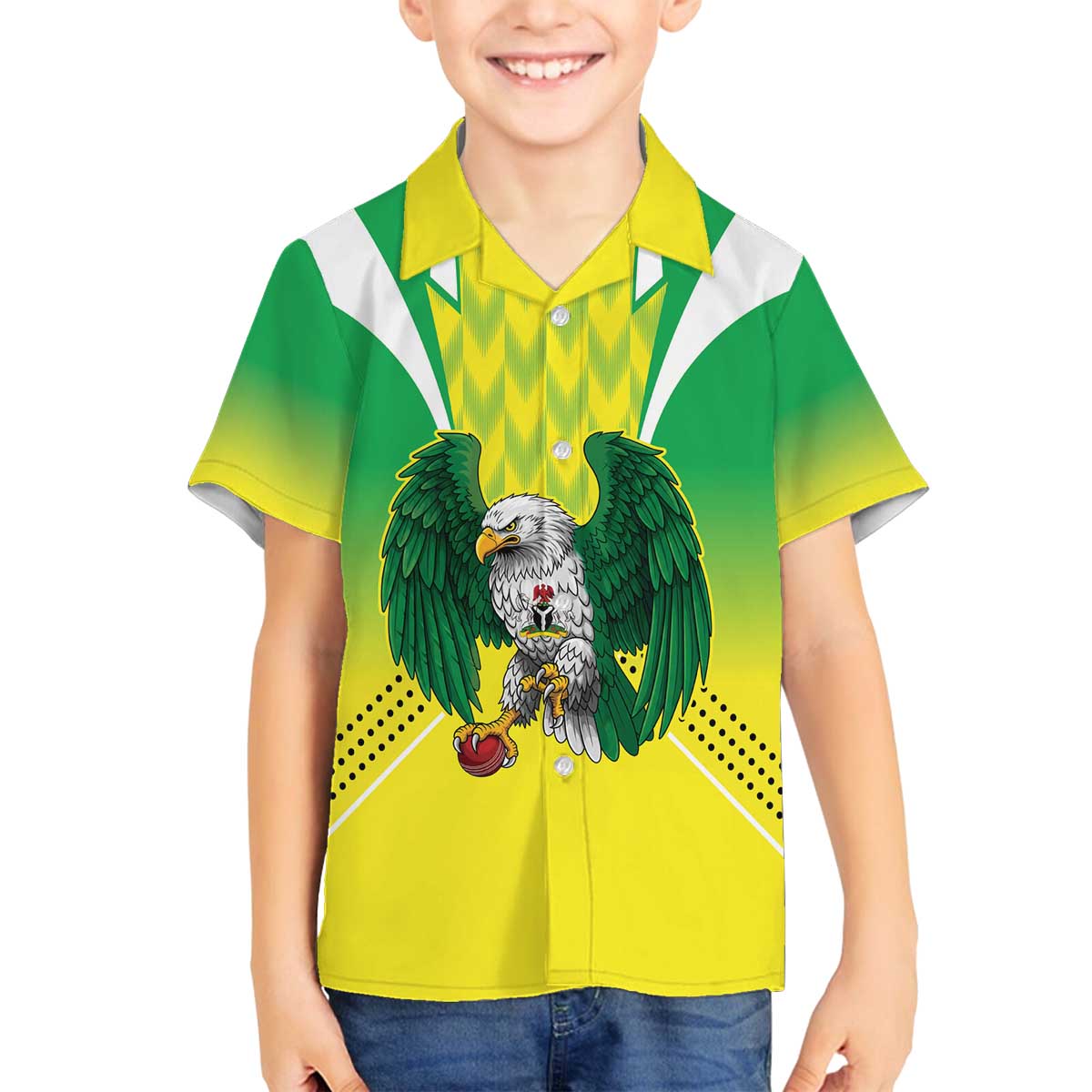 Nigeria Cricket Custom Family Matching Off The Shoulder Long Sleeve Dress and Hawaiian Shirt Najeriya Yellow Greens Eagle - Wonder Print Shop