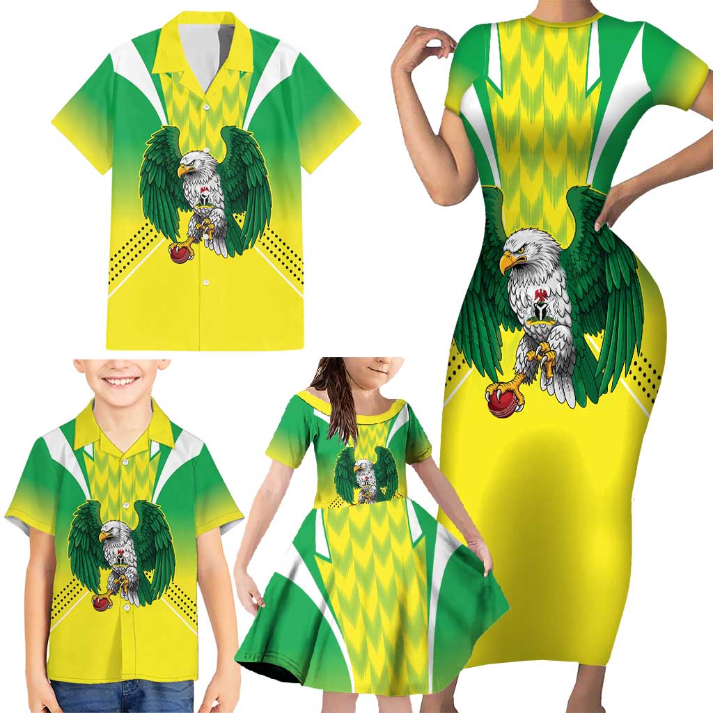 Nigeria Cricket Custom Family Matching Short Sleeve Bodycon Dress and Hawaiian Shirt Najeriya Yellow Greens Eagle - Wonder Print Shop