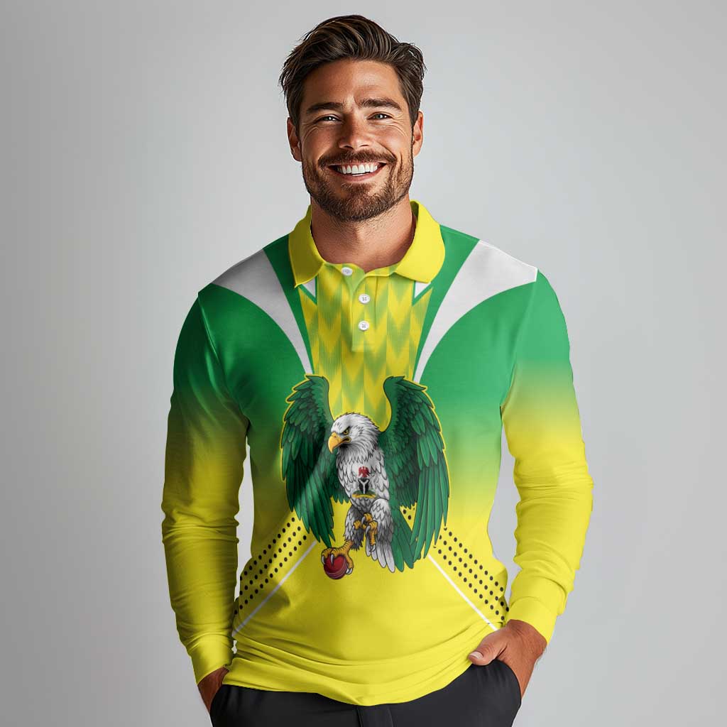 Nigeria Cricket Custom Long Sleeve Polo Shirt Najeriya Yellow Greens Eagle - Wonder Print Shop