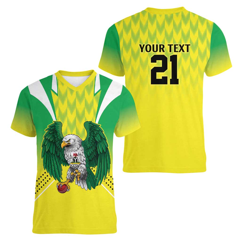 Nigeria Cricket Custom Women V-Neck T-Shirt Najeriya Yellow Greens Eagle - Wonder Print Shop