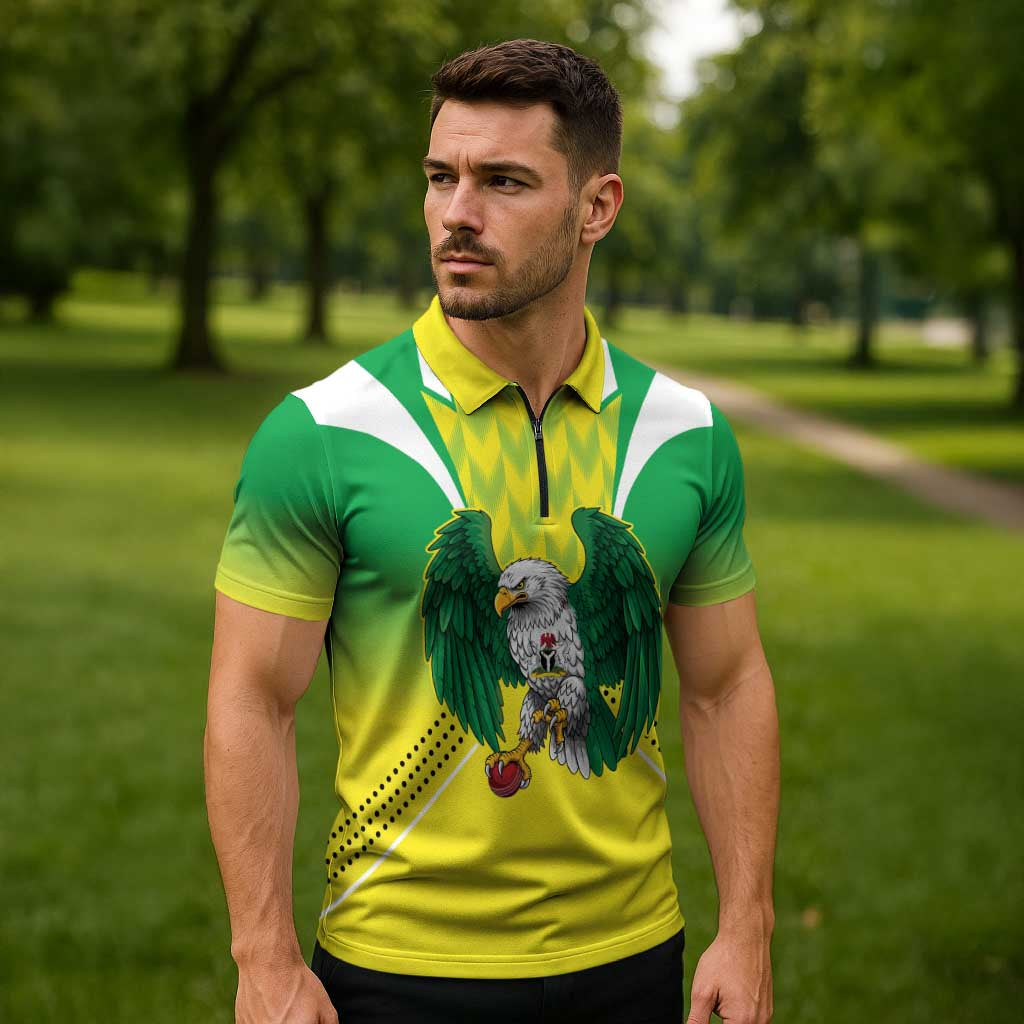 Nigeria Cricket Custom Zipper Polo Shirt Najeriya Yellow Greens Eagle - Wonder Print Shop