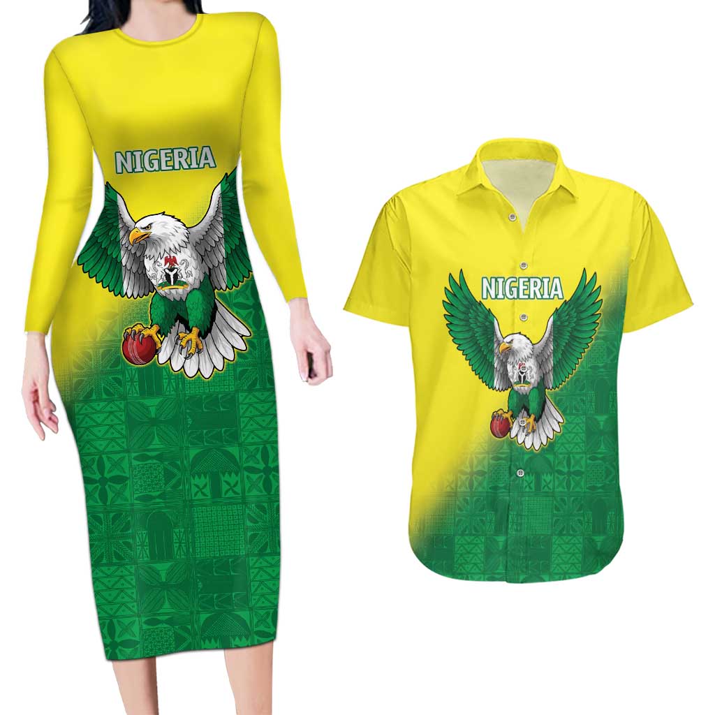 Nigeria Cricket Custom Couples Matching Long Sleeve Bodycon Dress and Hawaiian Shirt Najeriya Angry Eagle Flag Motif - Wonder Print Shop