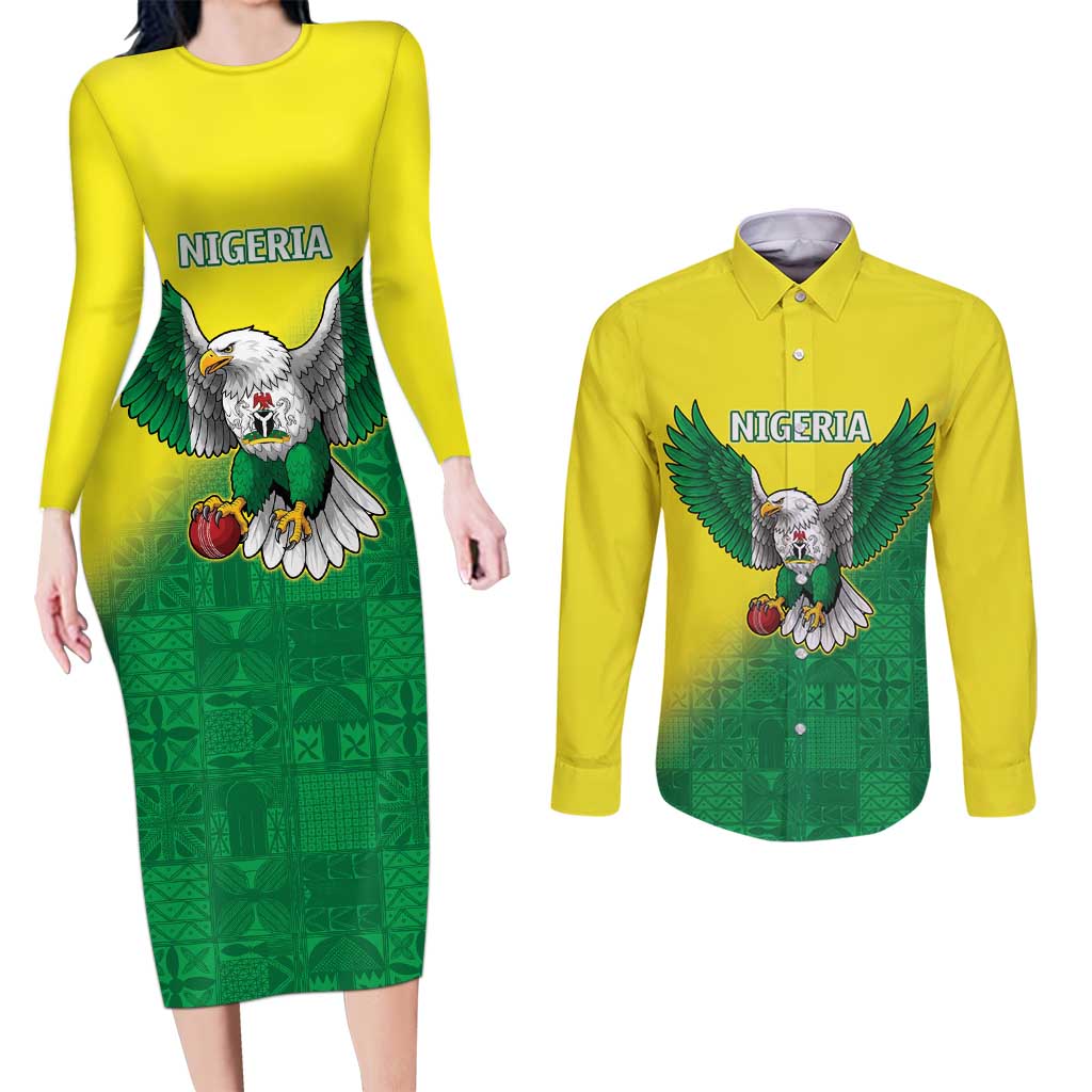 Nigeria Cricket Custom Couples Matching Long Sleeve Bodycon Dress and Long Sleeve Button Shirt Najeriya Angry Eagle Flag Motif - Wonder Print Shop