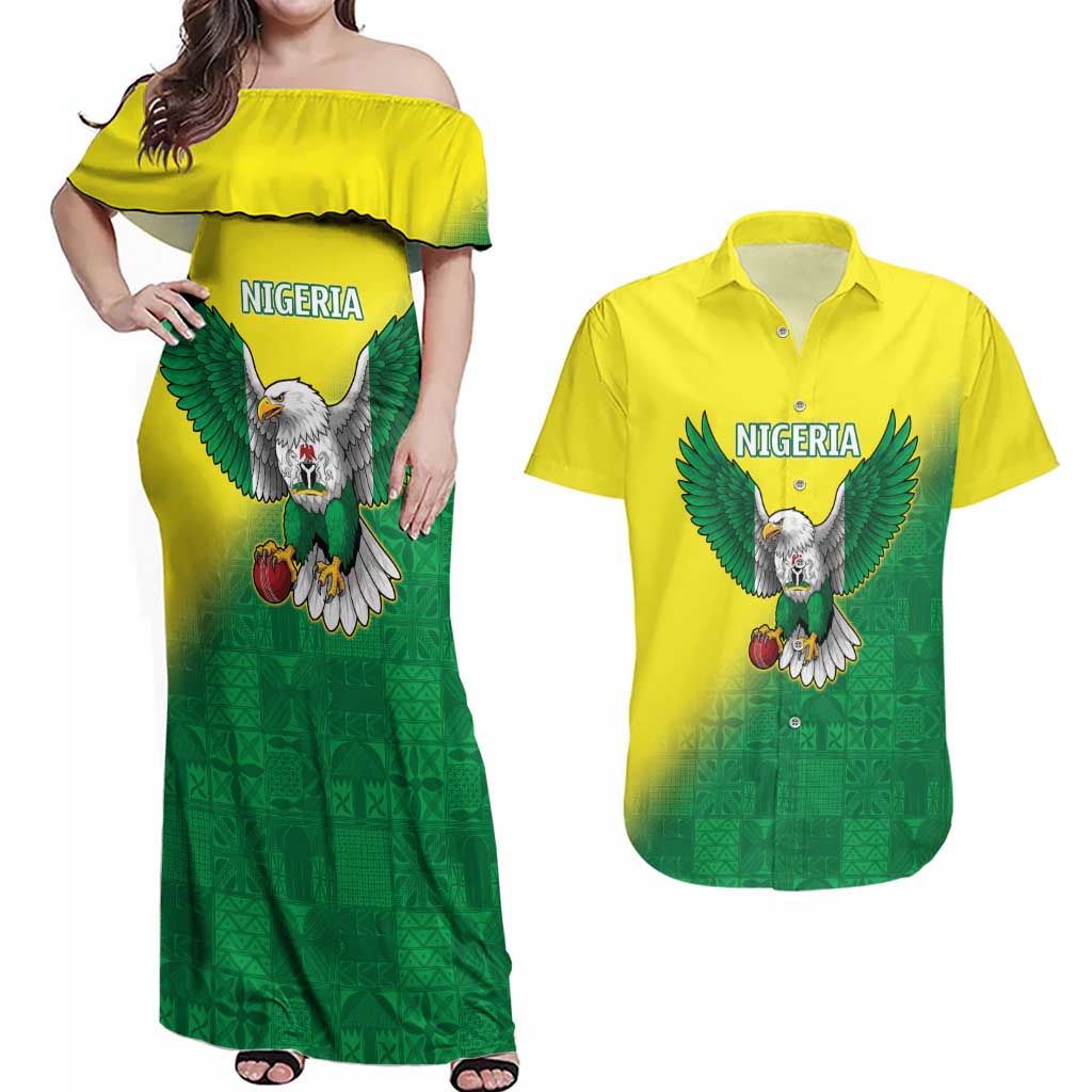 Nigeria Cricket Custom Couples Matching Off Shoulder Maxi Dress and Hawaiian Shirt Najeriya Angry Eagle Flag Motif - Wonder Print Shop