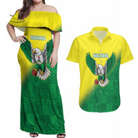 Nigeria Cricket Custom Couples Matching Off Shoulder Maxi Dress and Hawaiian Shirt Najeriya Angry Eagle Flag Motif - Wonder Print Shop