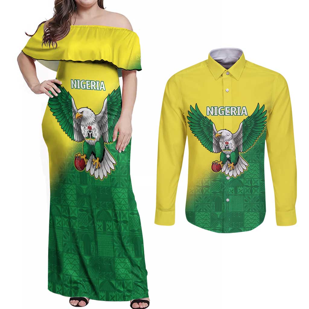 Nigeria Cricket Custom Couples Matching Off Shoulder Maxi Dress and Long Sleeve Button Shirt Najeriya Angry Eagle Flag Motif - Wonder Print Shop