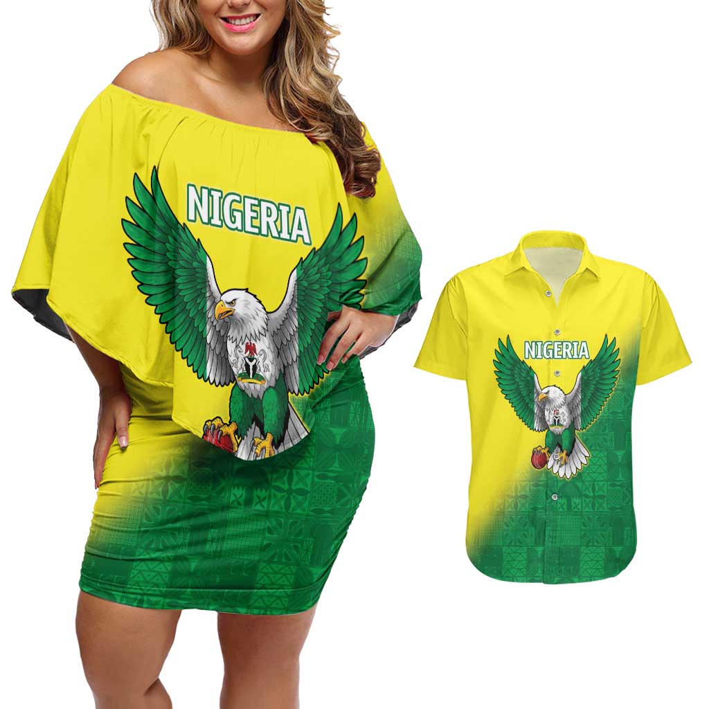 Nigeria Cricket Custom Couples Matching Off Shoulder Short Dress and Hawaiian Shirt Najeriya Angry Eagle Flag Motif - Wonder Print Shop