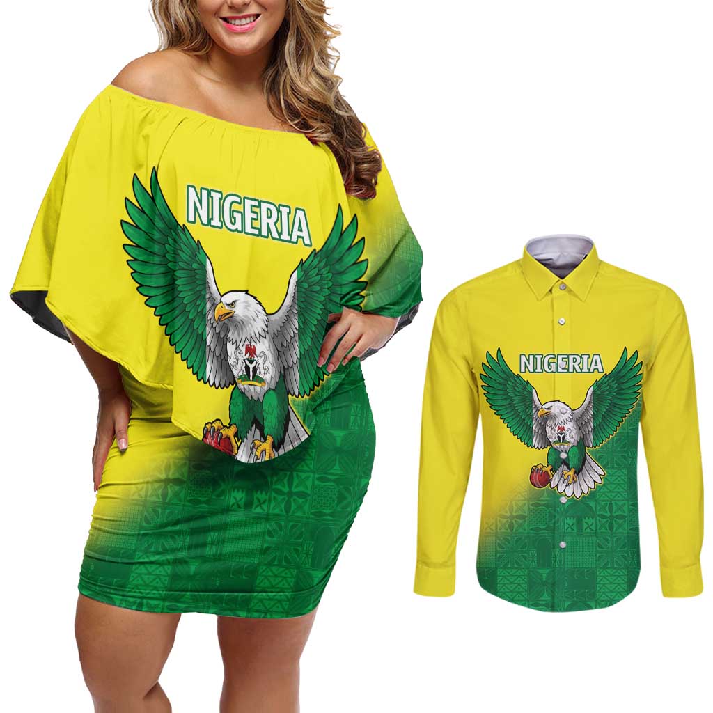 Nigeria Cricket Custom Couples Matching Off Shoulder Short Dress and Long Sleeve Button Shirt Najeriya Angry Eagle Flag Motif - Wonder Print Shop