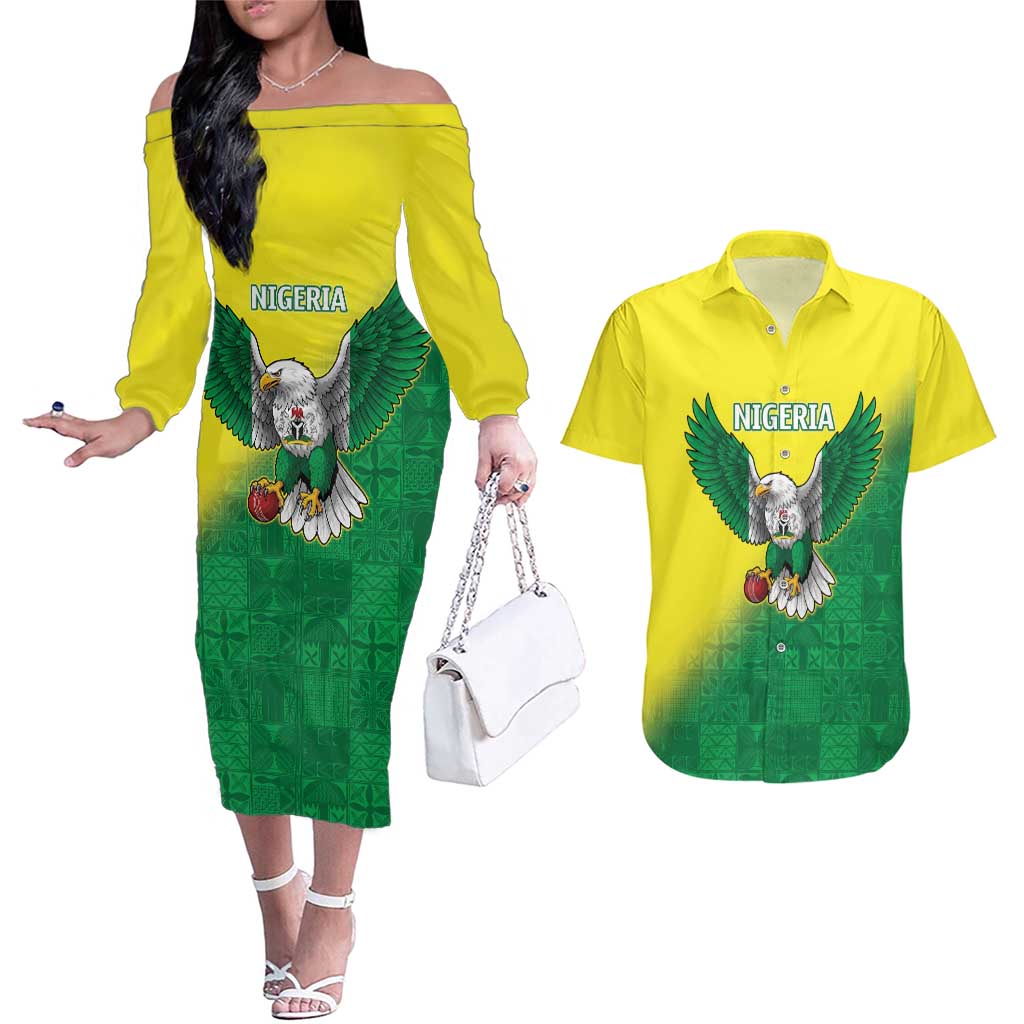 Nigeria Cricket Custom Couples Matching Off The Shoulder Long Sleeve Dress and Hawaiian Shirt Najeriya Angry Eagle Flag Motif - Wonder Print Shop