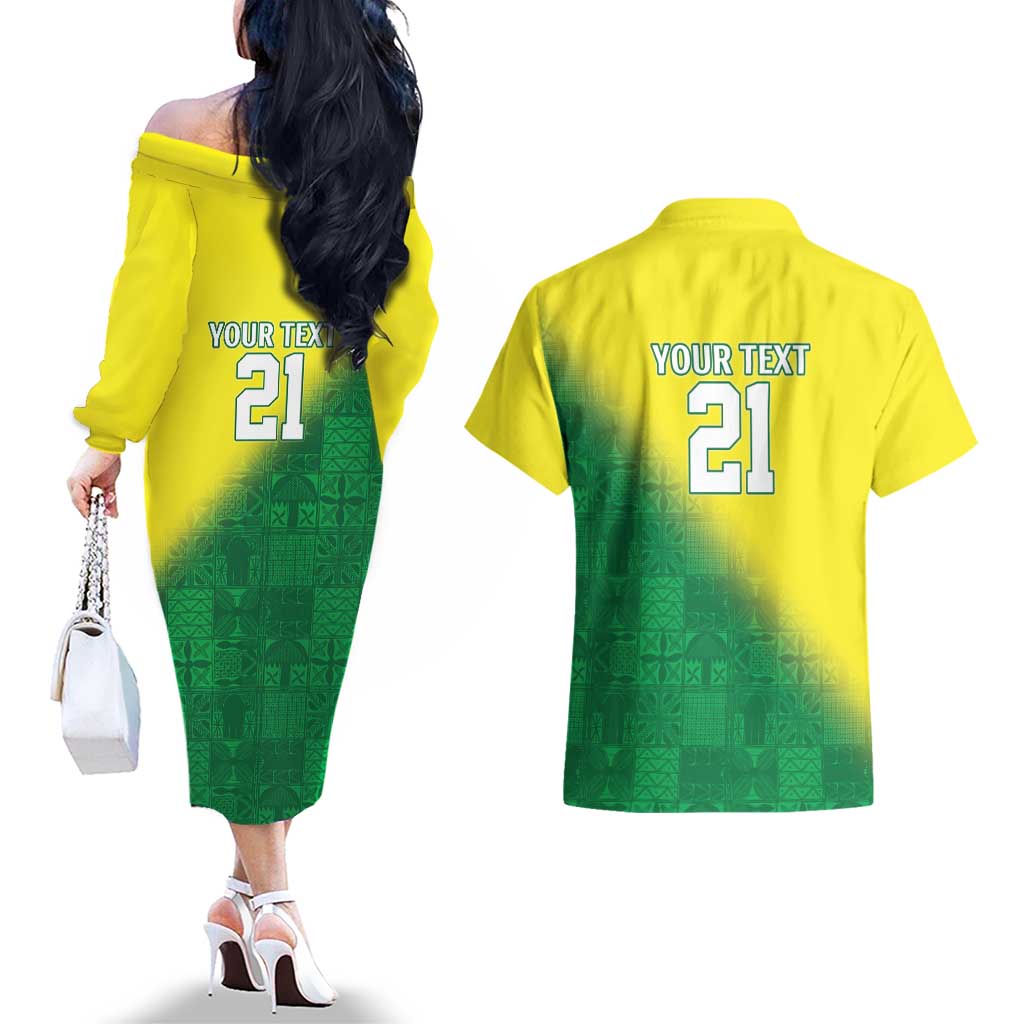 Nigeria Cricket Custom Couples Matching Off The Shoulder Long Sleeve Dress and Hawaiian Shirt Najeriya Angry Eagle Flag Motif - Wonder Print Shop