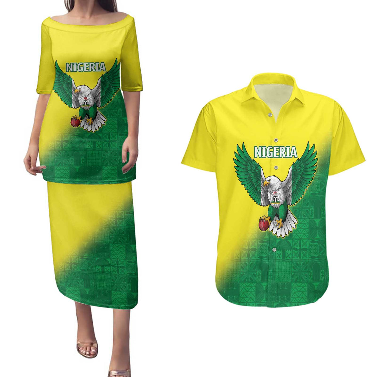 Nigeria Cricket Custom Couples Matching Puletasi and Hawaiian Shirt Najeriya Angry Eagle Flag Motif - Wonder Print Shop