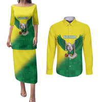 Nigeria Cricket Custom Couples Matching Puletasi and Long Sleeve Button Shirt Najeriya Angry Eagle Flag Motif - Wonder Print Shop