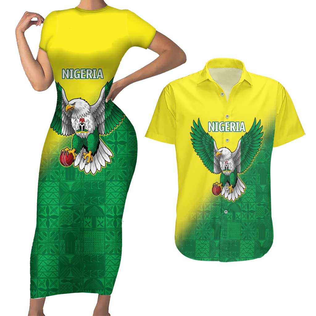 Nigeria Cricket Custom Couples Matching Short Sleeve Bodycon Dress and Hawaiian Shirt Najeriya Angry Eagle Flag Motif - Wonder Print Shop
