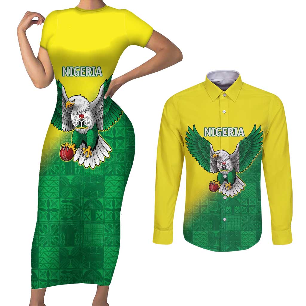 Nigeria Cricket Custom Couples Matching Short Sleeve Bodycon Dress and Long Sleeve Button Shirt Najeriya Angry Eagle Flag Motif - Wonder Print Shop