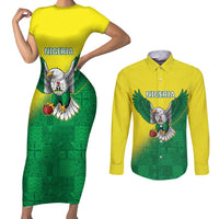Nigeria Cricket Custom Couples Matching Short Sleeve Bodycon Dress and Long Sleeve Button Shirt Najeriya Angry Eagle Flag Motif - Wonder Print Shop