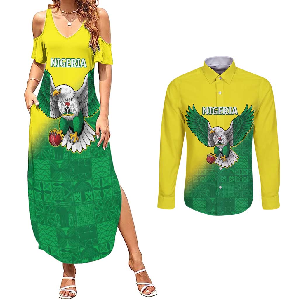 Nigeria Cricket Custom Couples Matching Summer Maxi Dress and Long Sleeve Button Shirt Najeriya Angry Eagle Flag Motif - Wonder Print Shop