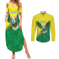 Nigeria Cricket Custom Couples Matching Summer Maxi Dress and Long Sleeve Button Shirt Najeriya Angry Eagle Flag Motif - Wonder Print Shop