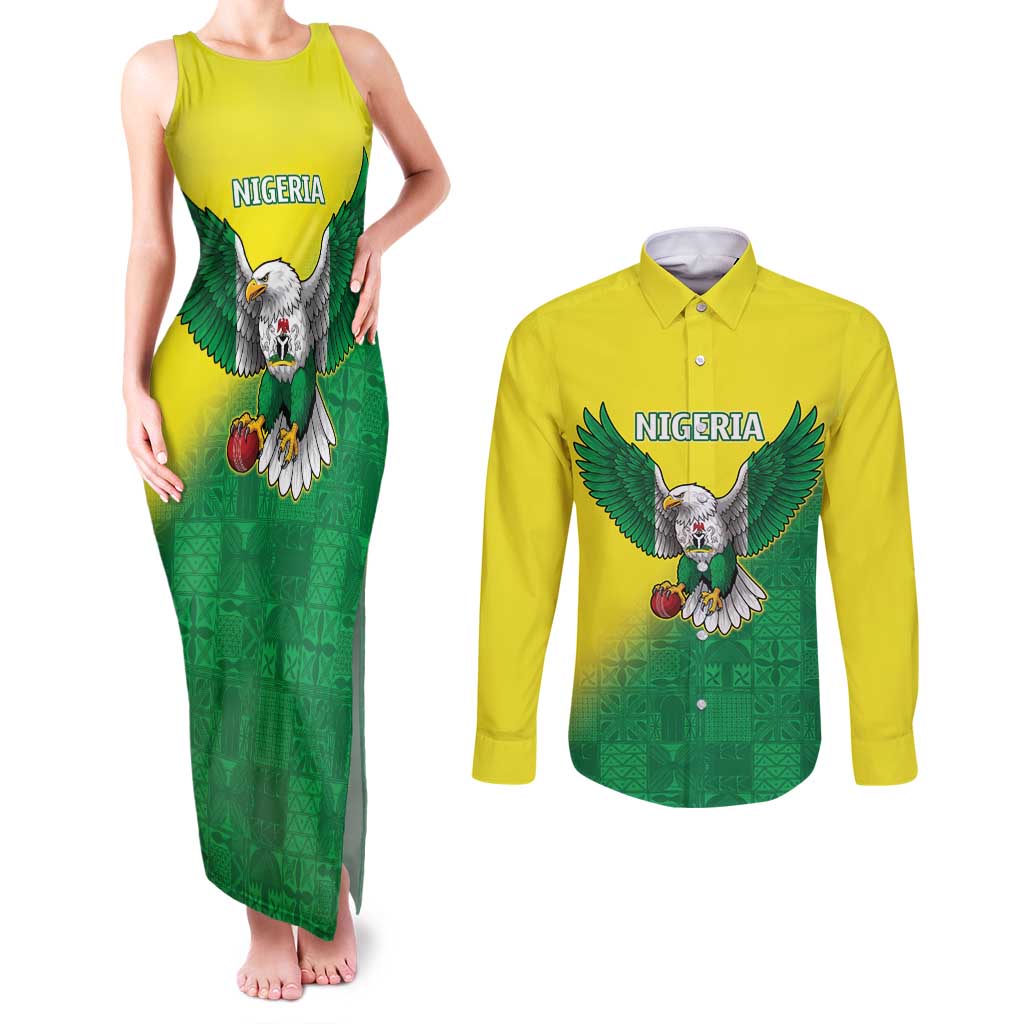 Nigeria Cricket Custom Couples Matching Tank Maxi Dress and Long Sleeve Button Shirt Najeriya Angry Eagle Flag Motif - Wonder Print Shop
