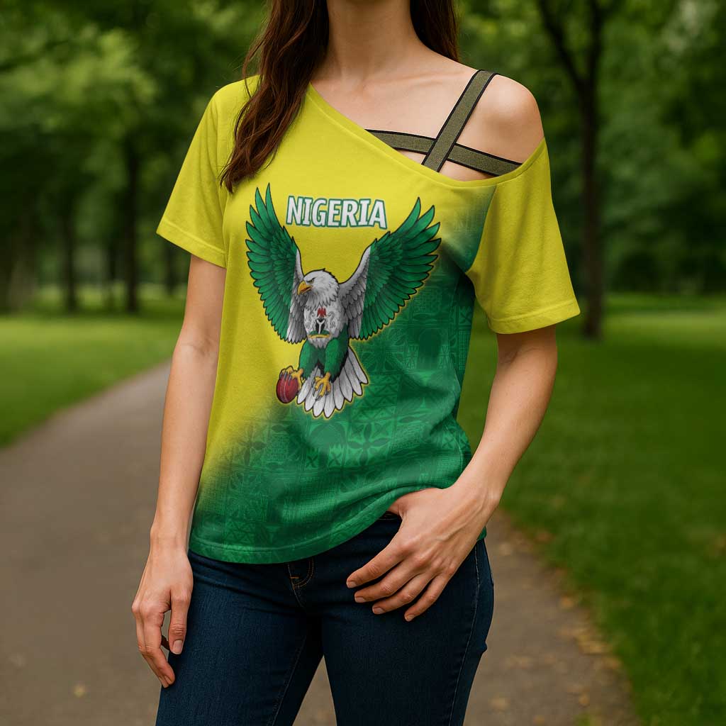 Nigeria Cricket Custom Cross Shoulder Shirt Najeriya Angry Eagle Flag Motif - Wonder Print Shop