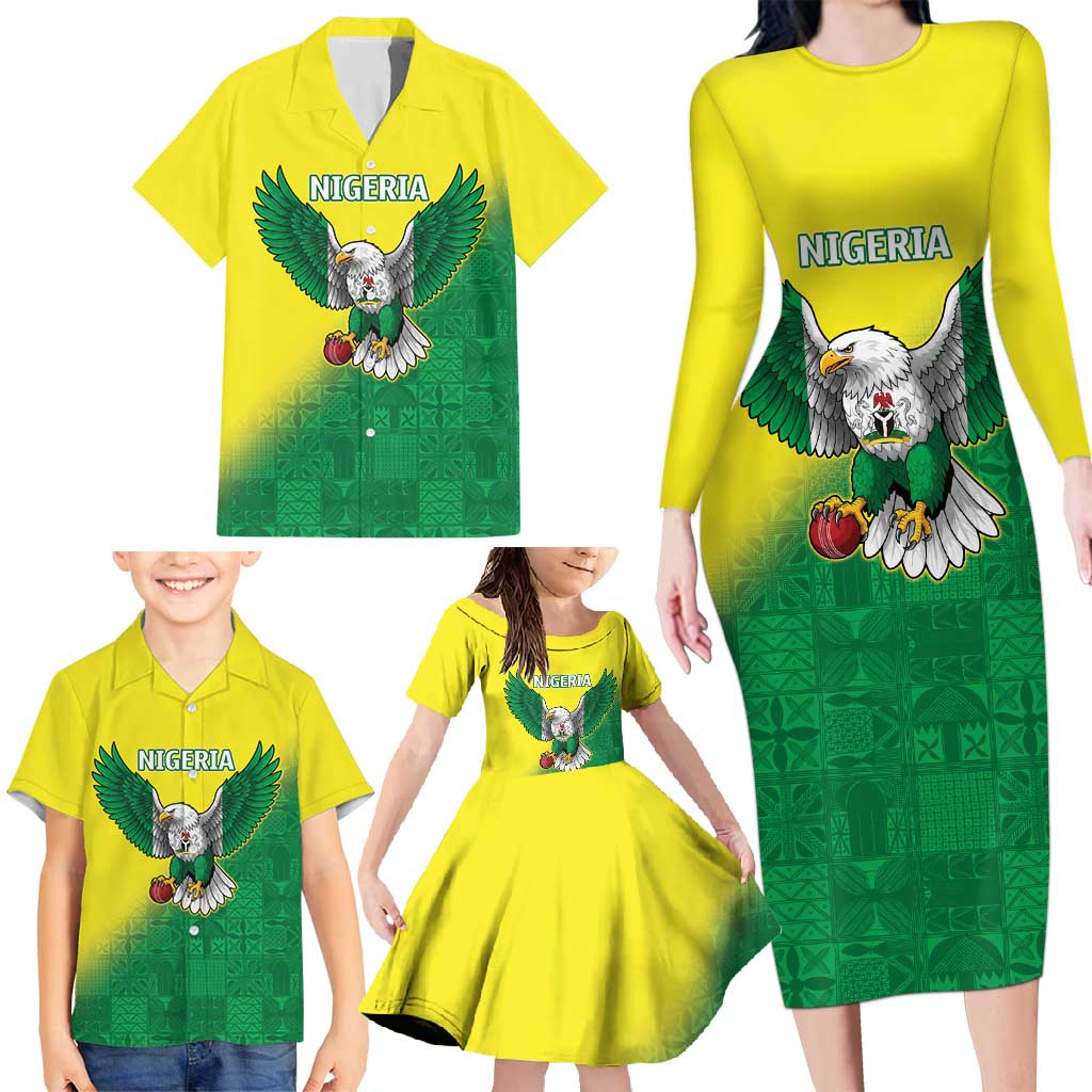 Nigeria Cricket Custom Family Matching Long Sleeve Bodycon Dress and Hawaiian Shirt Najeriya Angry Eagle Flag Motif - Wonder Print Shop