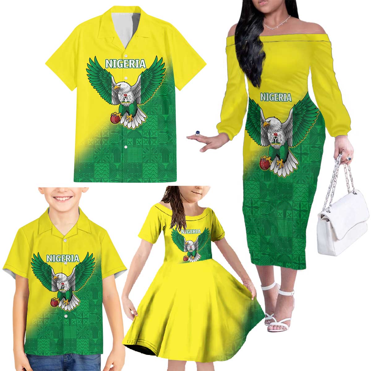 Nigeria Cricket Custom Family Matching Off The Shoulder Long Sleeve Dress and Hawaiian Shirt Najeriya Angry Eagle Flag Motif - Wonder Print Shop