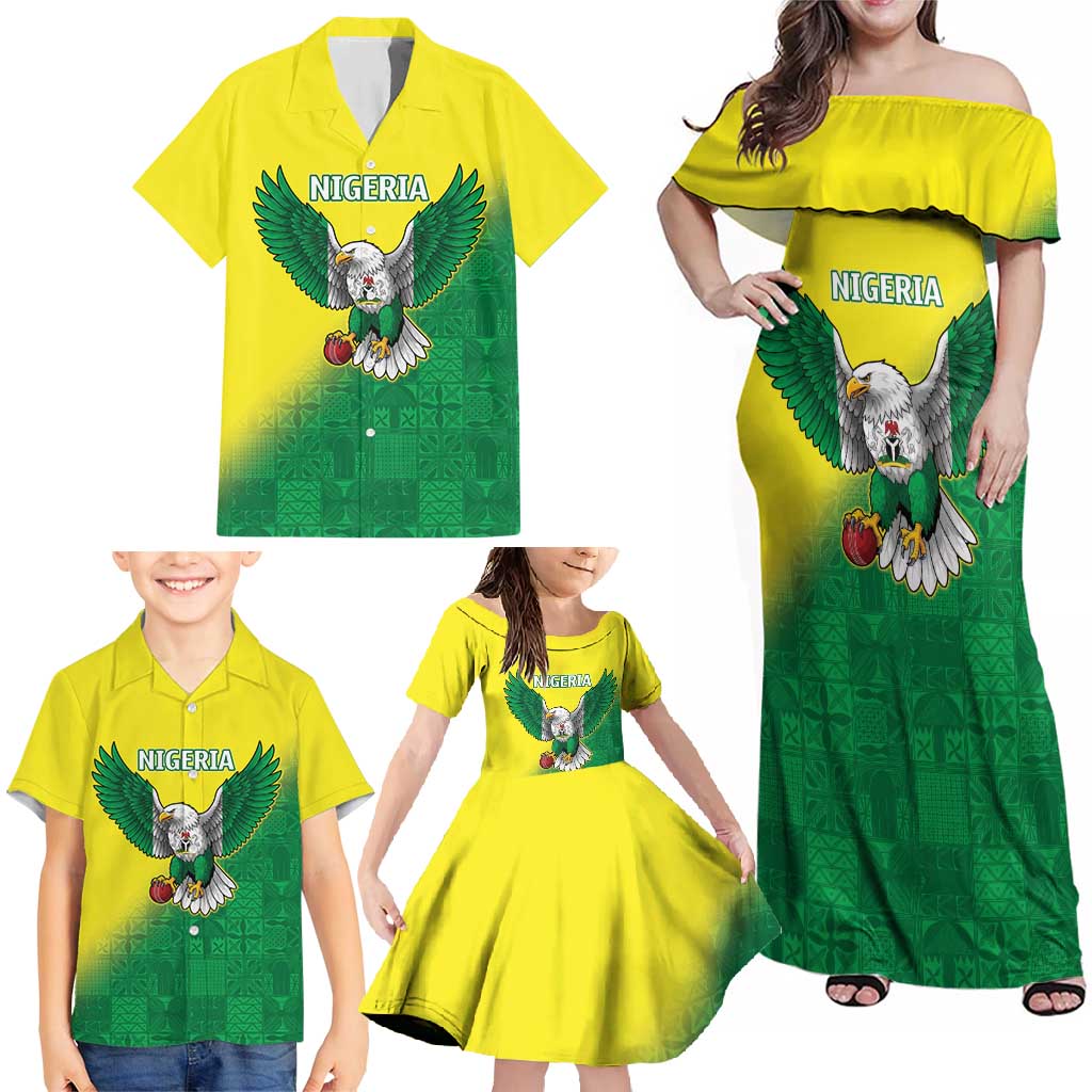 Nigeria Cricket Custom Family Matching Off Shoulder Maxi Dress and Hawaiian Shirt Najeriya Angry Eagle Flag Motif - Wonder Print Shop