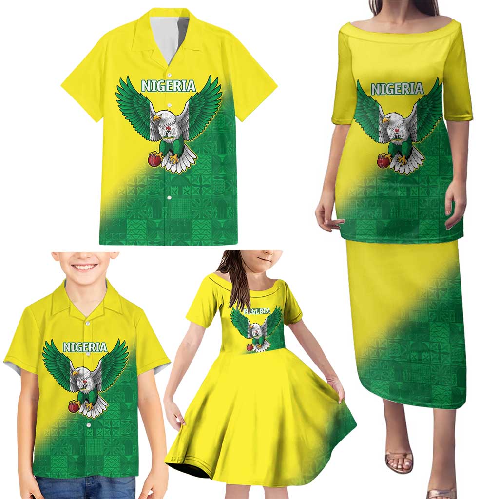 Nigeria Cricket Custom Family Matching Puletasi and Hawaiian Shirt Najeriya Angry Eagle Flag Motif - Wonder Print Shop