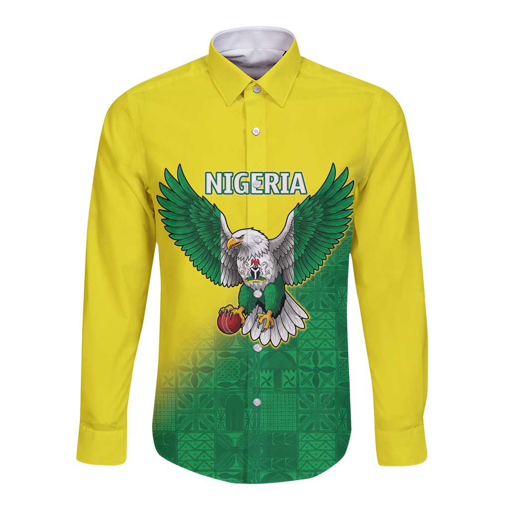 Nigeria Cricket Custom Long Sleeve Button Shirt Najeriya Angry Eagle Flag Motif - Wonder Print Shop