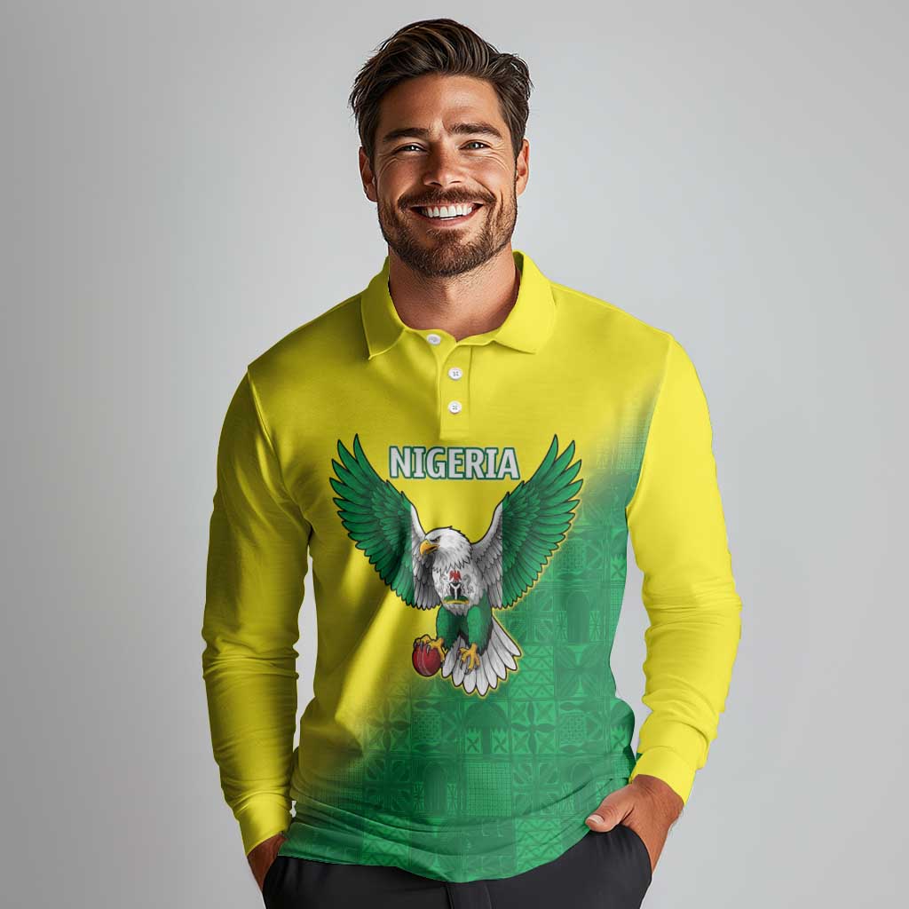 Nigeria Cricket Custom Long Sleeve Polo Shirt Najeriya Angry Eagle Flag Motif - Wonder Print Shop